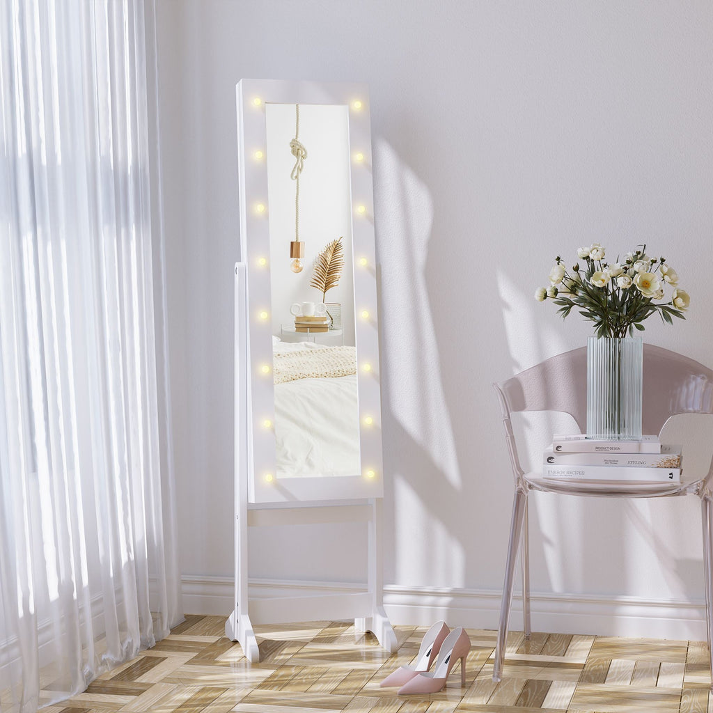 Lighted Jewelry Cabinet Mirrored Armoire Organizer Free Standing Storage for Necklaces Bracelets Rings Earrings Adjustable