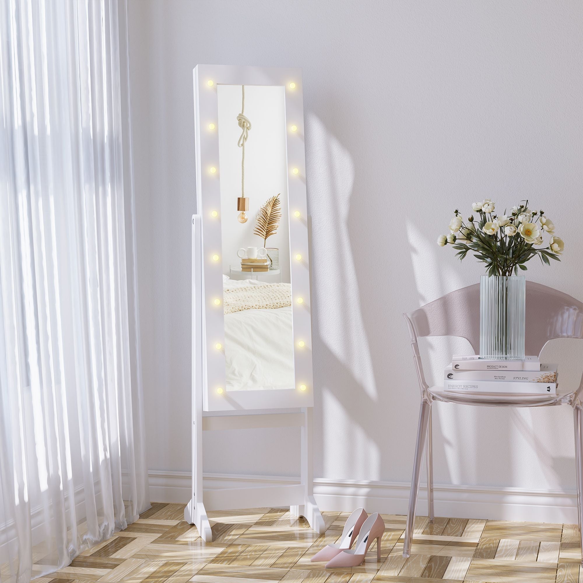 Lighted Jewelry Cabinet Mirrored Armoire Organizer Free Standing Storage for Necklaces Bracelets Rings Earrings Adjustable