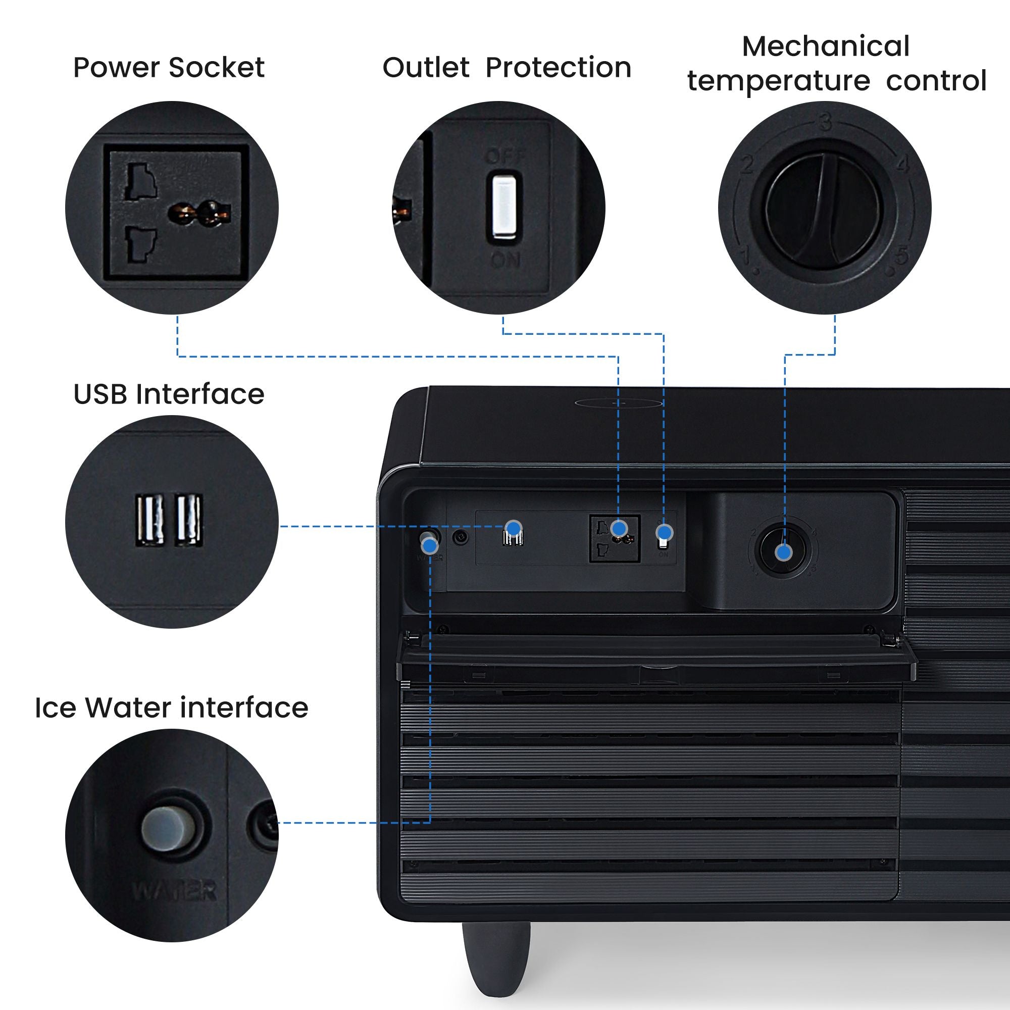 Modern Smart mini Coffee Table with Built in Fridge;  Outlet protection; Wireless charging module; Mechanical temperature control; Power socket; USB interface And power interface.