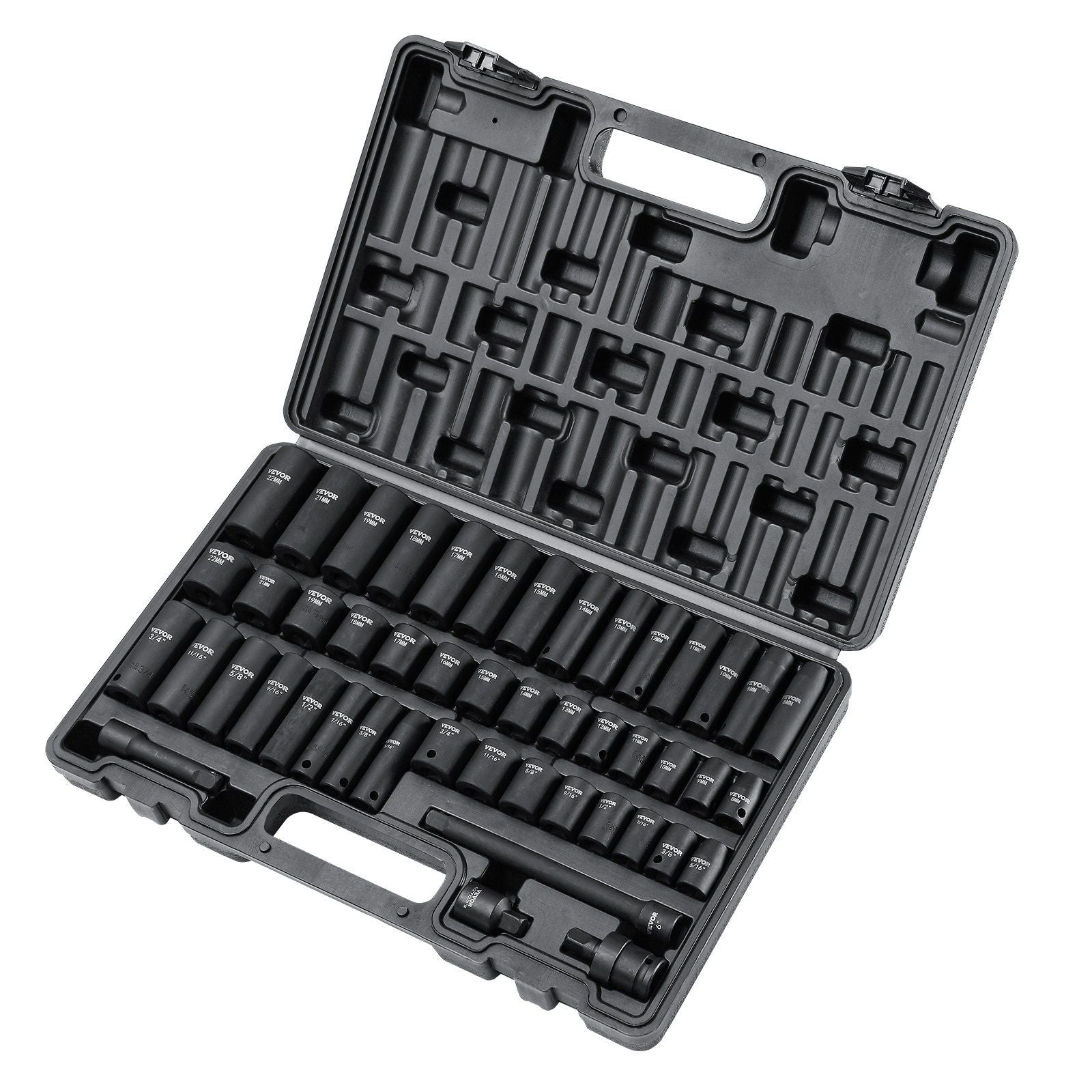 VEVOR 3/8" Drive Impact Socket Set, 48 Piece Socket Set SAE (5/16" -3/4") & Metric (8-22mm)6 Point Cr-V Drive Extension Bar Universal Joint & Power Drill Adapter Includes Storage Case