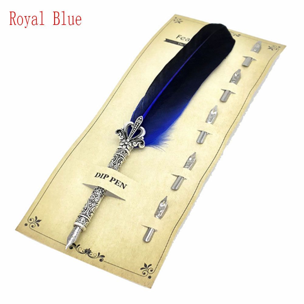1 Set Vintage Quill Dip Pen Turkey Feather Pen Quill Oblique + 5 Nibs+ Pen Set Gift
