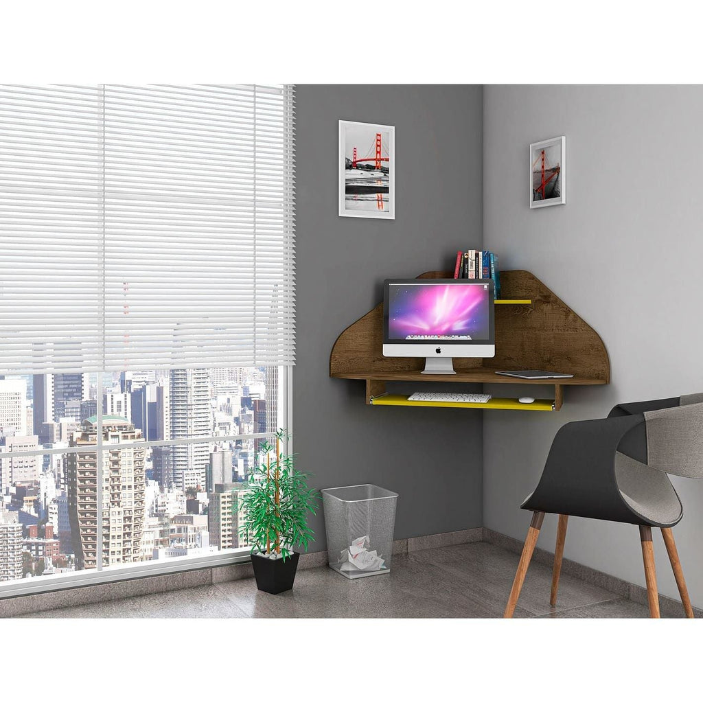 Manhattan Comfort Bradley Corner Desk with Keyboard Shelf in Rustic Brown and Yellow