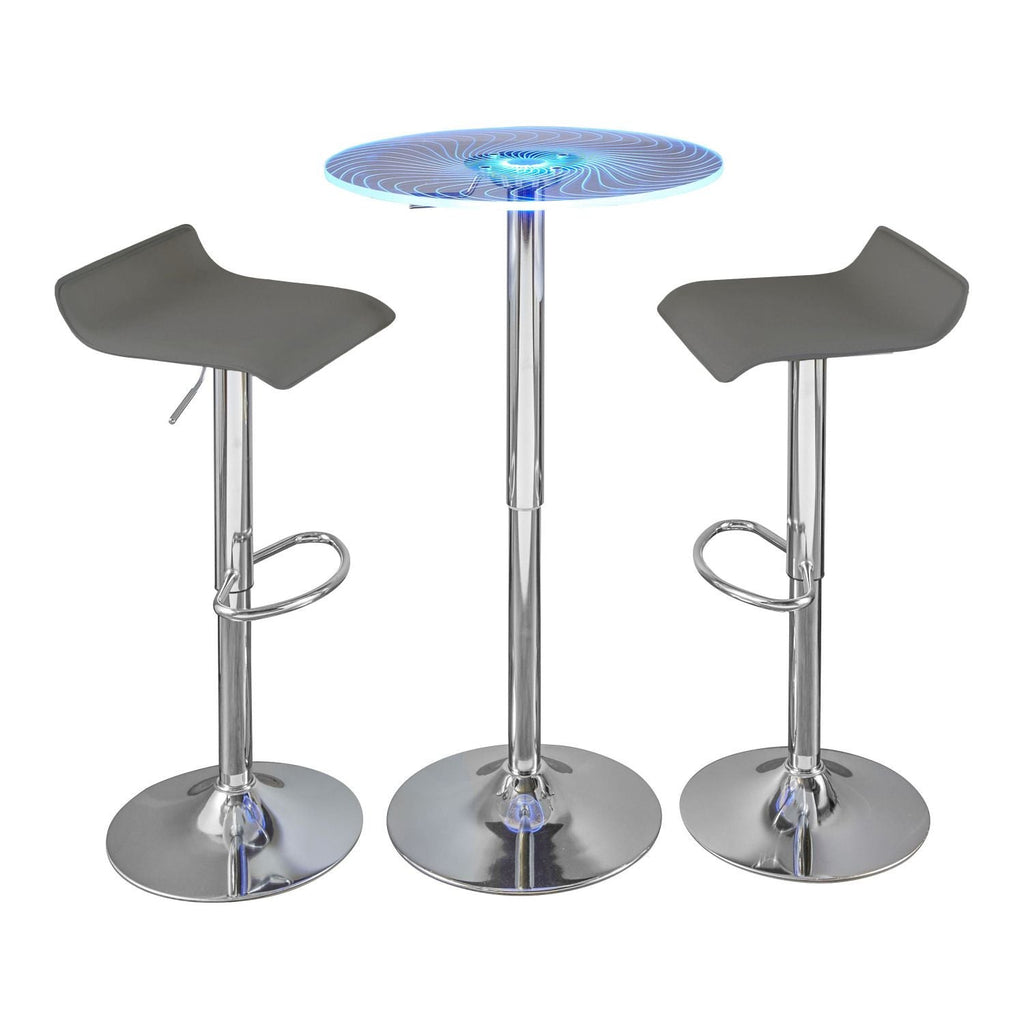 Spyra-Ale Contemporary Adjustable Bar Set in Chrome Metal, Clear Acrylic with Light Up Tabletop, and Grey PVC by - 3 Piece