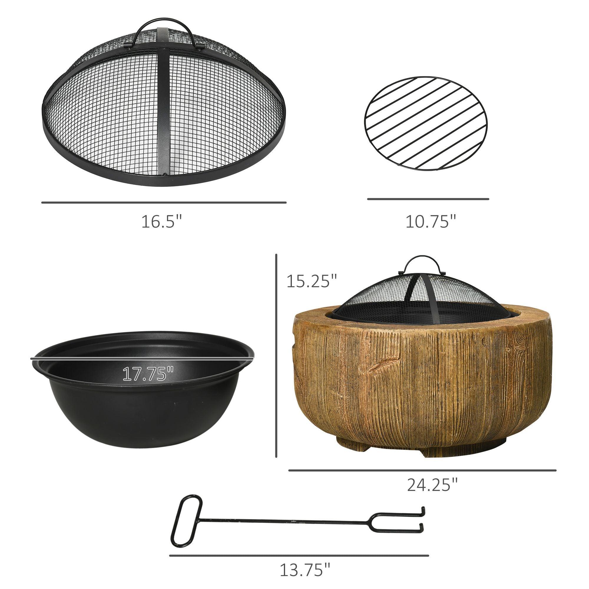 Outdoor Fire Pit, 24 Inch Metal Wood Burning Fireplace with Spark Cover, Poker, Woodgrain Design for Patio, Picnic, Backyard, Light Brown