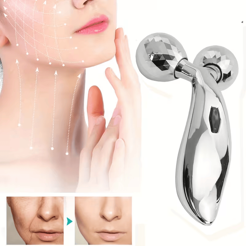 1 piece 3D manual roller massager, 2 pieces circular Y-shaped 360° rotating face, neck and full body relaxation device, facial massage relaxation beauty and skincare tool, silver