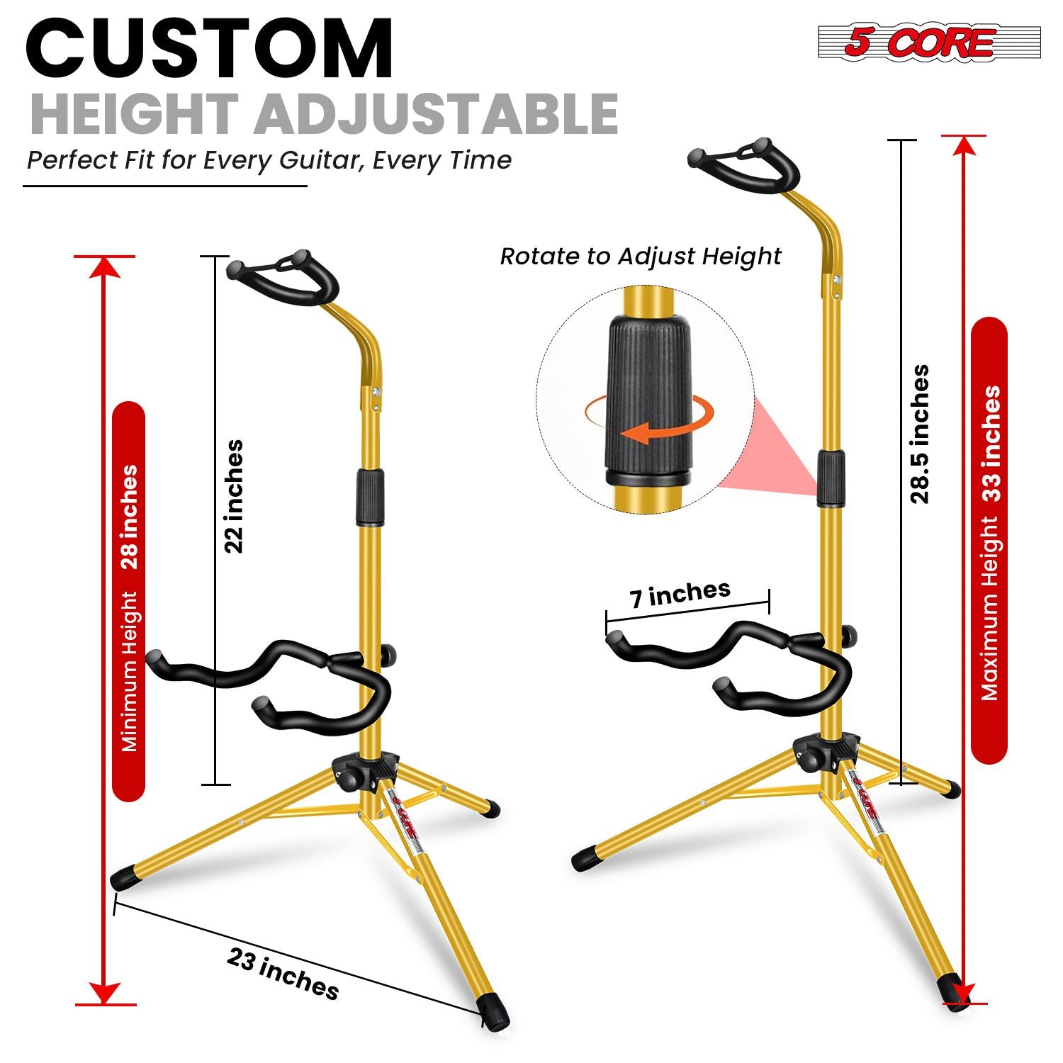 5 CORE Guitar Stand Floor Adjustable Heavy Duty Tripod Acoustic Electric Bass Cello Upright Folding Stands w Neck Holder For On Stage Studio - GSH HD YLW