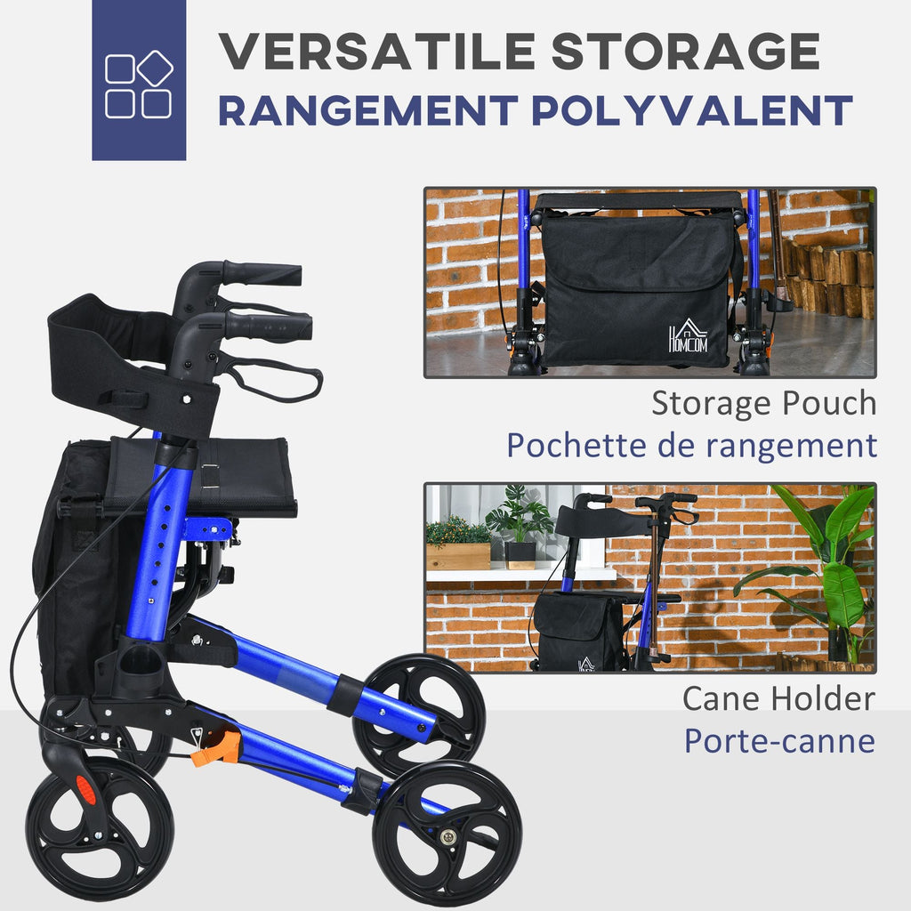 Rollator for Seniors with Seat, Back, Cane Holder, Aluminium Folding Rolling Walker with Adjustable Handle, Bag, Blue
