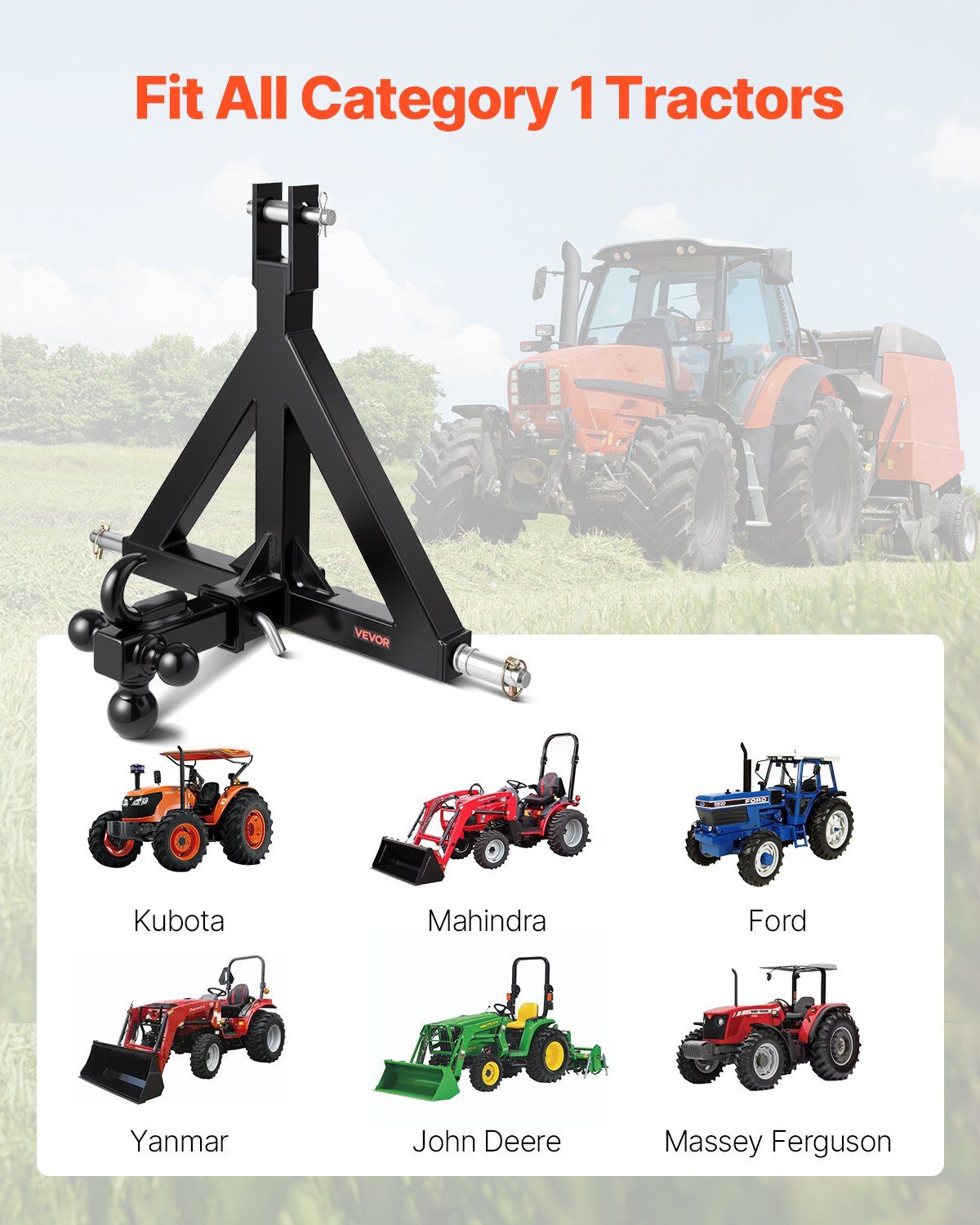 VEVOR 3 Point Trailer Hitch 2 in Receiver, 3pt Quick Hitch Attachment with 3 Trailer Balls, Tractor Tow Drawbar Adapter, Compatible with Kubota, Mahindra, Ford, Yanmar, John Deere, Massey Ferguson