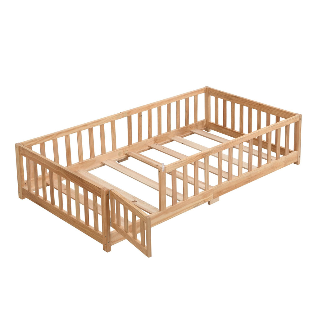 Full Size Floor Bed with Door, Solid Wood Platform Bed Frame with Fence, Suitable for children, Pine Wood