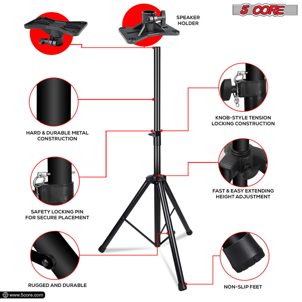 5 Core Speaker Stand Tripod Heavy Duty Adjustable Up to 72 Inch DJ Studio Monitor Stands Pole Mount - SS HD BLK WOB