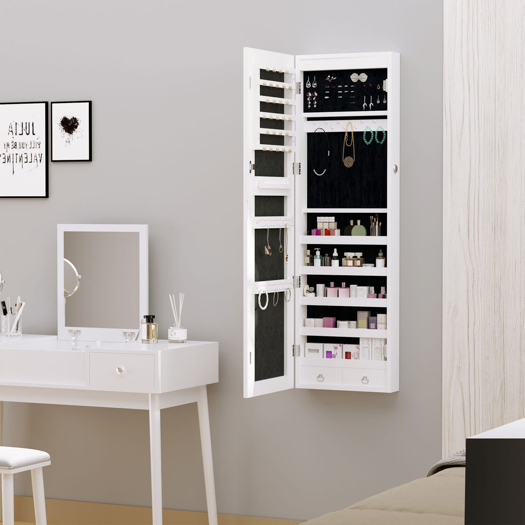 LED Lighted Mirror Jewelry Cabinet Wall Door Mounted Storage Organizer Armoire Wood Grain Gray