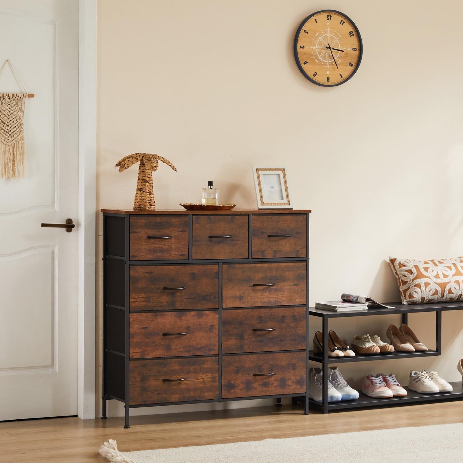 Dresser For Bedroom With 9 Fabric Storage Drawer Wardrobe Tall Chest Organizer Closet Adult Kids Clothes Cabinet Furniture