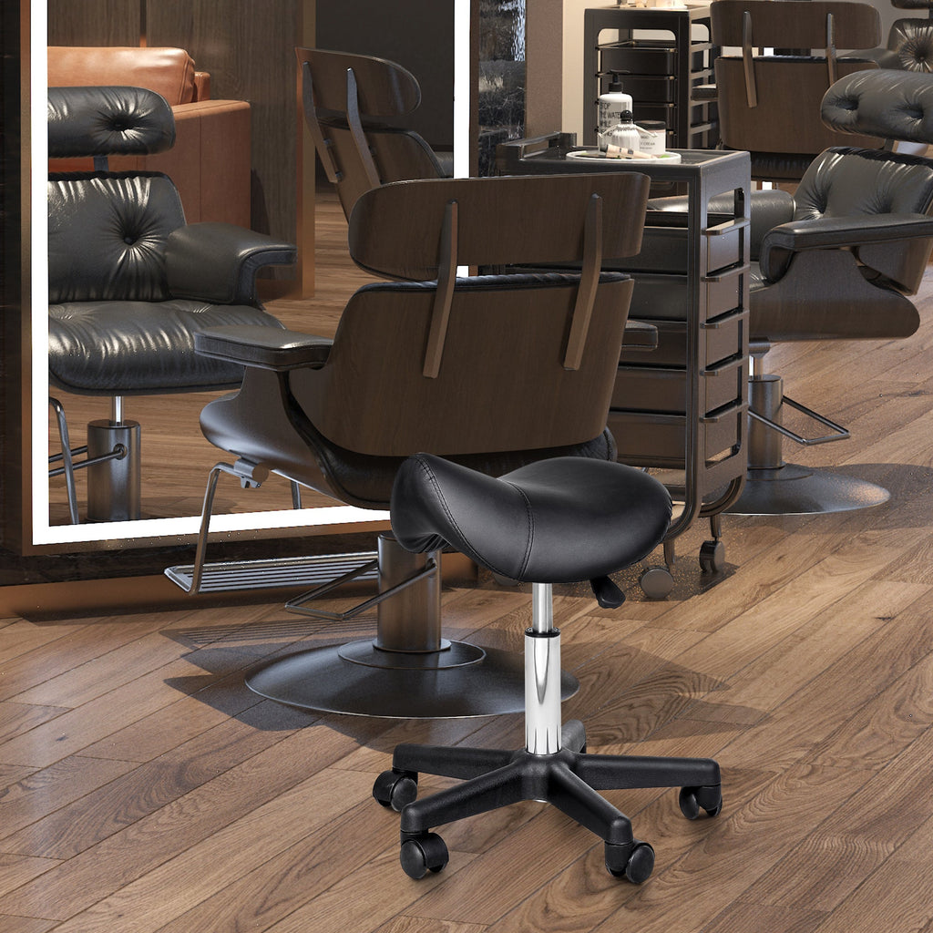 Rolling Saddle Stool, Swivel Salon Chair, Ergonomic Faux Leather Stool, Adjustable Height with Wheels for Spa, Salon, Massage, Office, Black