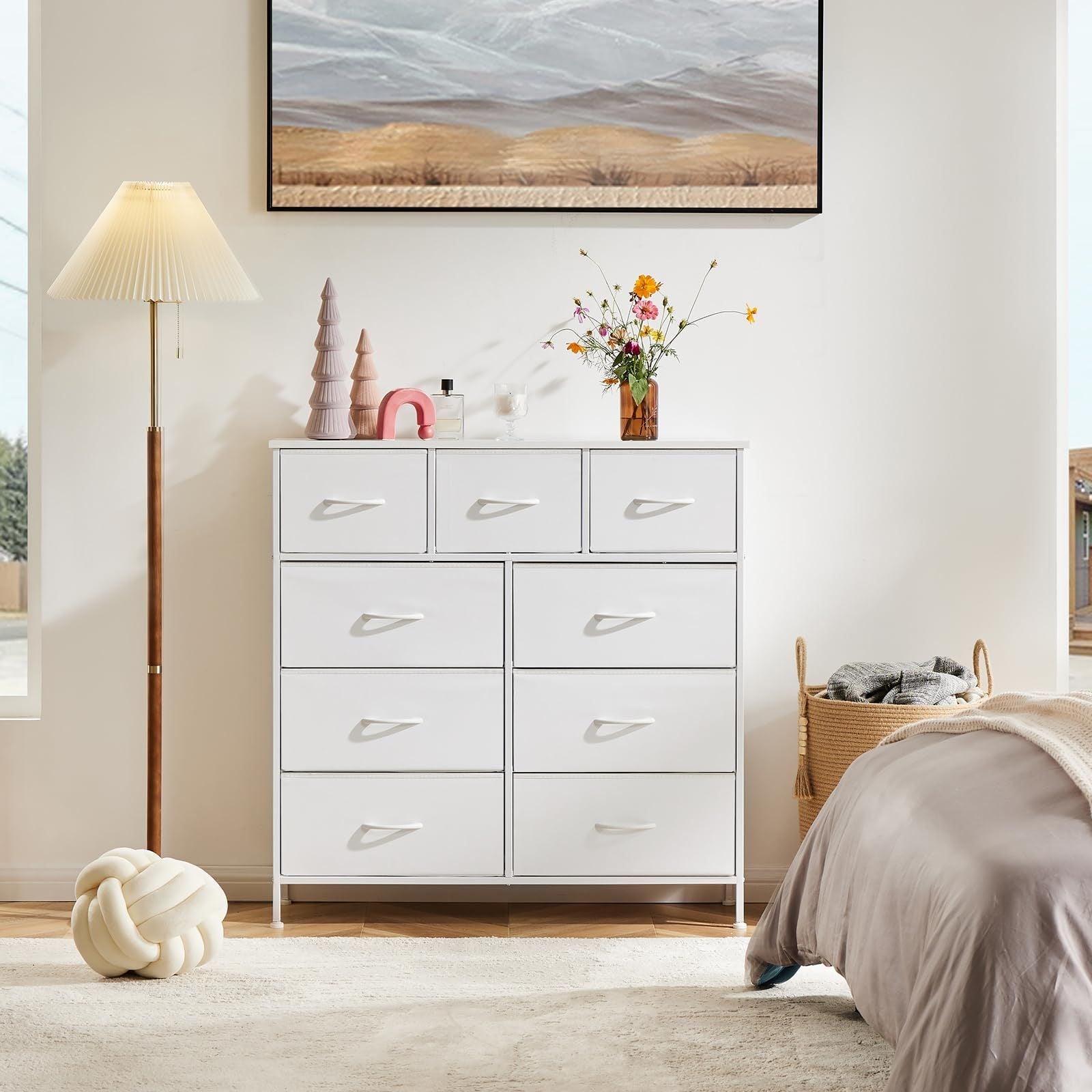 Dresser For Bedroom With 9 Fabric Storage Drawer Wardrobe Tall Chest Organizer Closet Adult Kids Clothes Cabinet Furniture