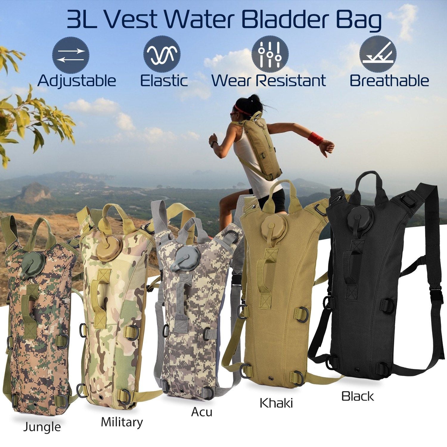 Tactical Hydration Pack 3L Water Bladder Adjustable Water Drink Backpack