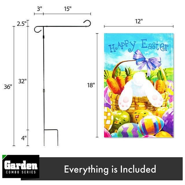 Combo Pack Garden Flag Stand Black 36x16 Inch & Garden Flag Happy Easter Carrots Colorful Eggs with Bunny in Basket 12x18 Inch