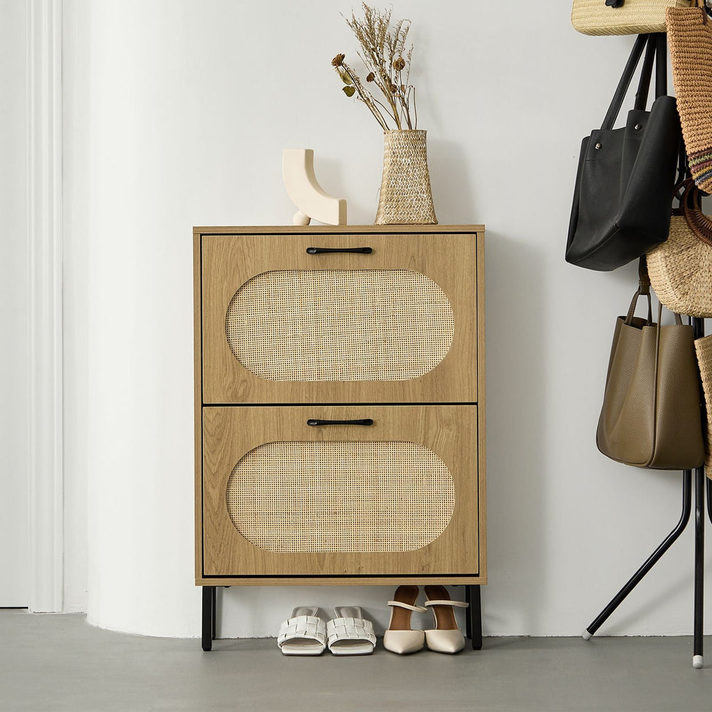 Rattan Shoe Cabinet with 2 Flip Doors, Narrow Freestanding Shoe Organizer, Modern Narrow Shoe Storage Cabinet with Metal Legs for Entryway, Hallway, Closet (Natural)