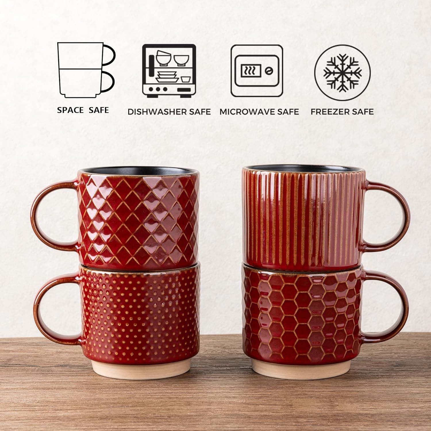 12 OZ Stackable Coffee Mugs Set of 4, Ceramic Coffee Cups with Texture Patterns for Man,Woman,Dad,Mom, Modern Mugs Set for Latte/Cappuccino/Cocoa. Dishwasher&Microwave Safe, Red