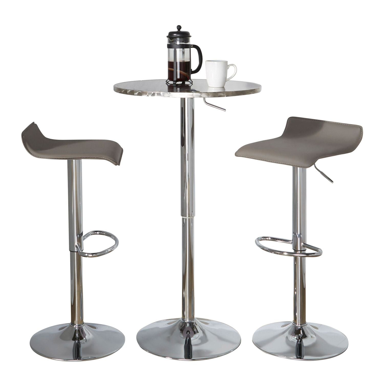 Bistro Round-Ale Contemporary Adjustable Bar Set in Silver and Chrome Metal with Grey PVC and Oval Footrest by - 3 Piece