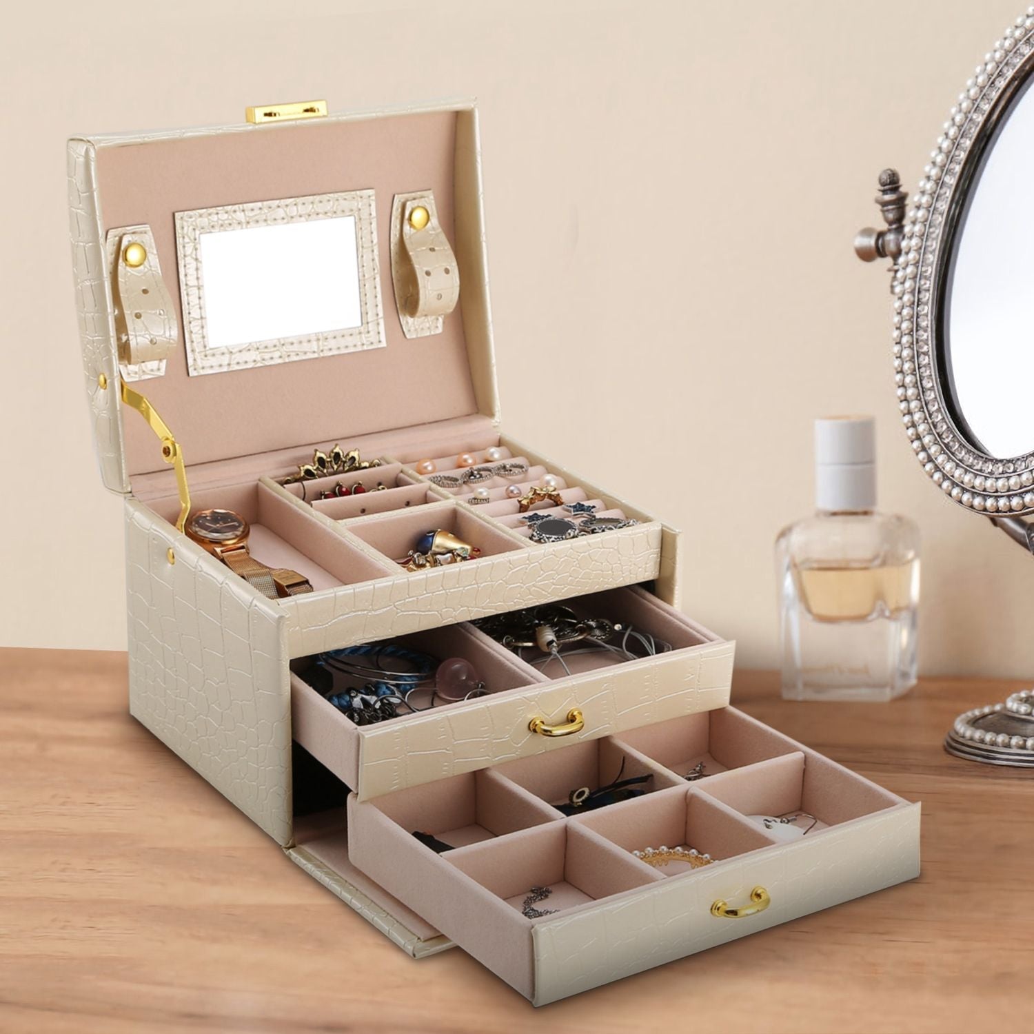 Jewelry Case Organizer 3-layer Lockable Travel Jewelry Box PU Leather Storage Display Case with Mirror Protective