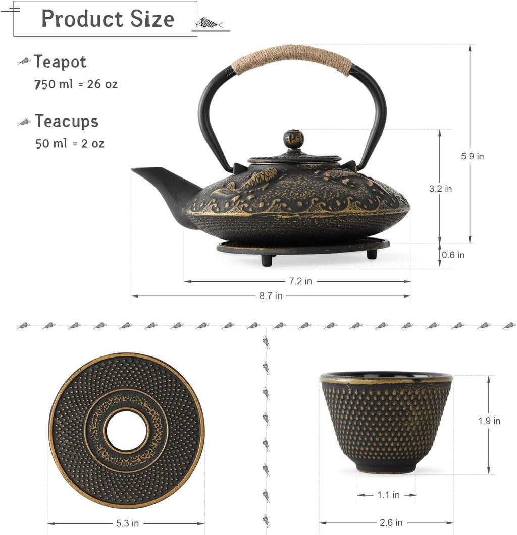 Koi Fish Cast Iron Teapot Set Stove Top Tea Kettle with 4 Cups Japanese Style Tea Gift Set, 26 oz with Stainless Steel Infuser