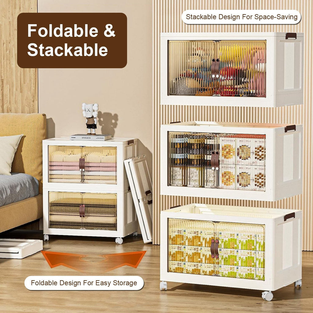 3Pcs Foldable Storage Bins with Lid Front Magnetic Door Collapsible Stackable Closet Organizer Containers with 4Pcs 360° Rotatable Wheels 8Pcs Small Wheels