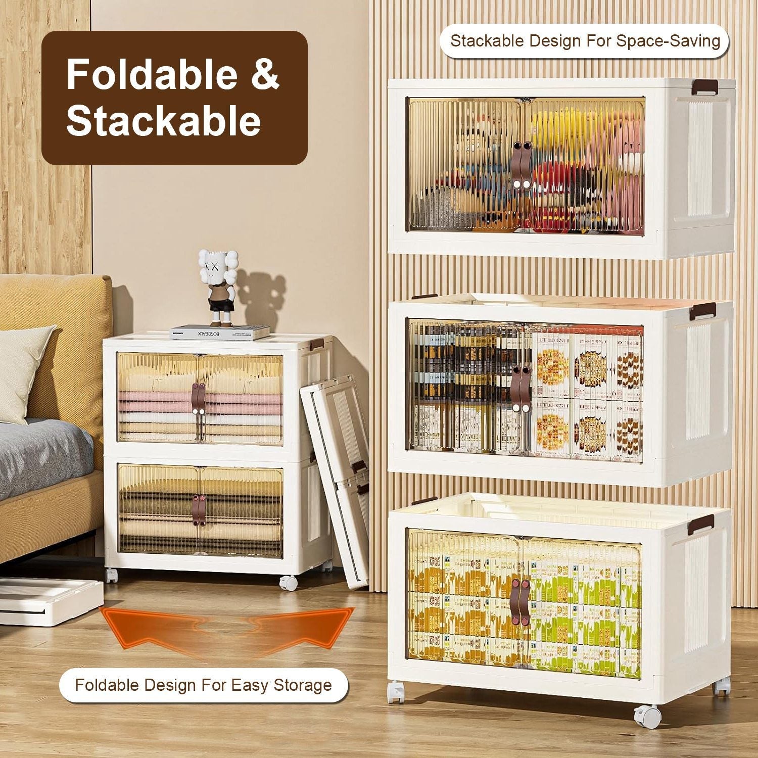 3Pcs Foldable Storage Bins with Lid Front Magnetic Door Collapsible Stackable Closet Organizer Containers with 4Pcs 360° Rotatable Wheels 8Pcs Small Wheels