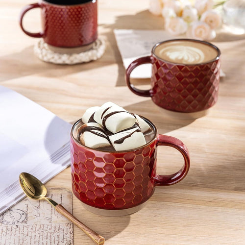 12 OZ Stackable Coffee Mugs Set of 4, Ceramic Coffee Cups with Texture Patterns for Man,Woman,Dad,Mom, Modern Mugs Set for Latte/Cappuccino/Cocoa. Dishwasher&Microwave Safe, Red