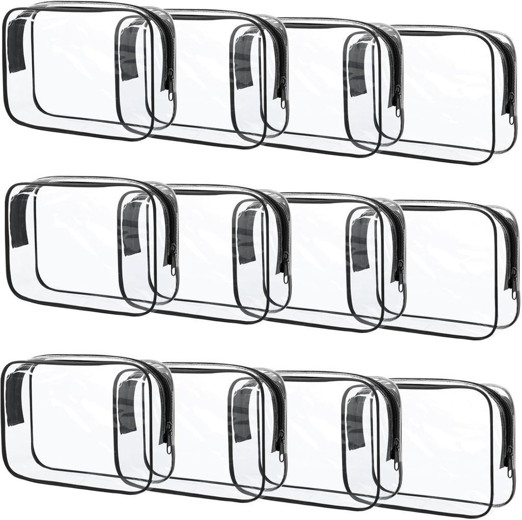 12 Pcs Clear Toiletry Bag PVC Waterproof Zippered PVC Cosmetic Makeup Carry Pouch TSA Approved Toiletry Bag for Travel Clear Organizer Storage Bags (Medium, Black)