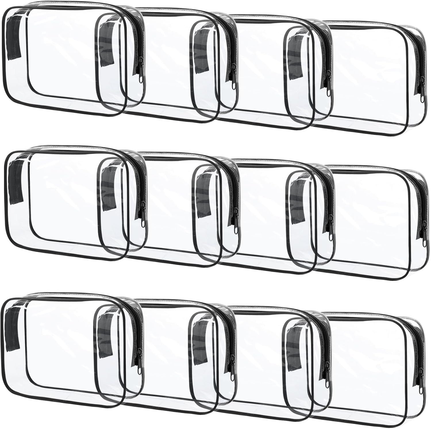 12 Pcs Clear Toiletry Bag PVC Waterproof Zippered PVC Cosmetic Makeup Carry Pouch TSA Approved Toiletry Bag for Travel Clear Organizer Storage Bags (Medium, Black)