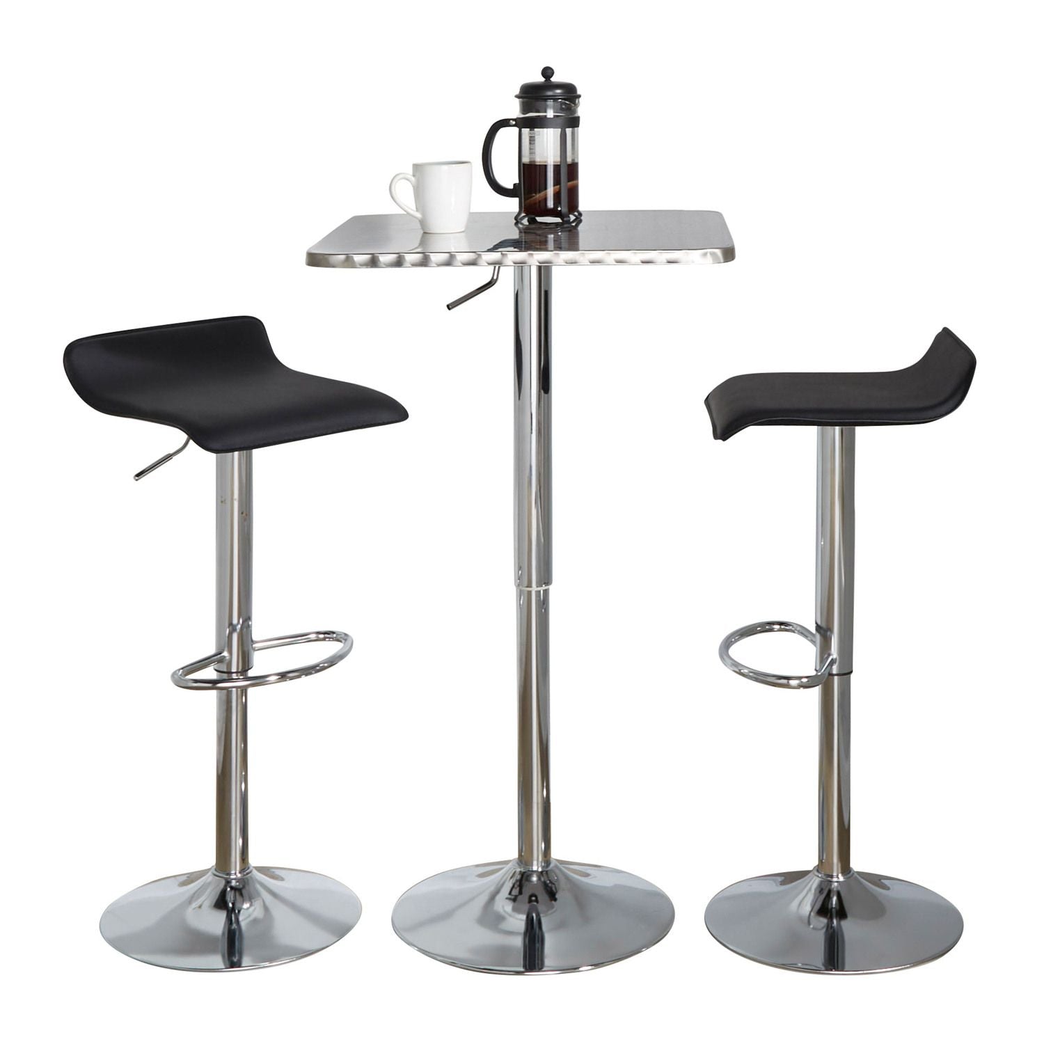 Bistro Square-Ale Contemporary Adjustable Bar Set in Silver and Chrome Metal with Black PVC and Oval Footrest by - 3 Piece