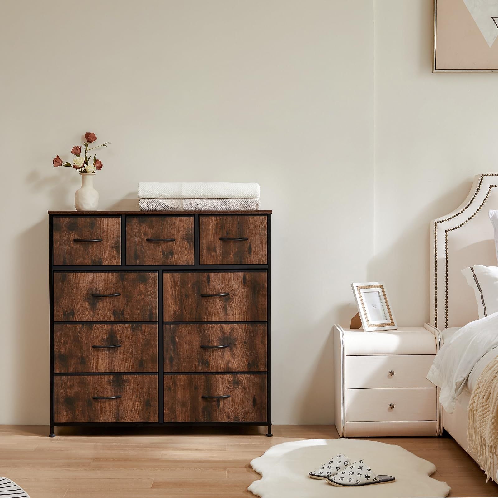 Dresser For Bedroom With 9 Fabric Storage Drawer Wardrobe Tall Chest Organizer Closet Adult Kids Clothes Cabinet Furniture