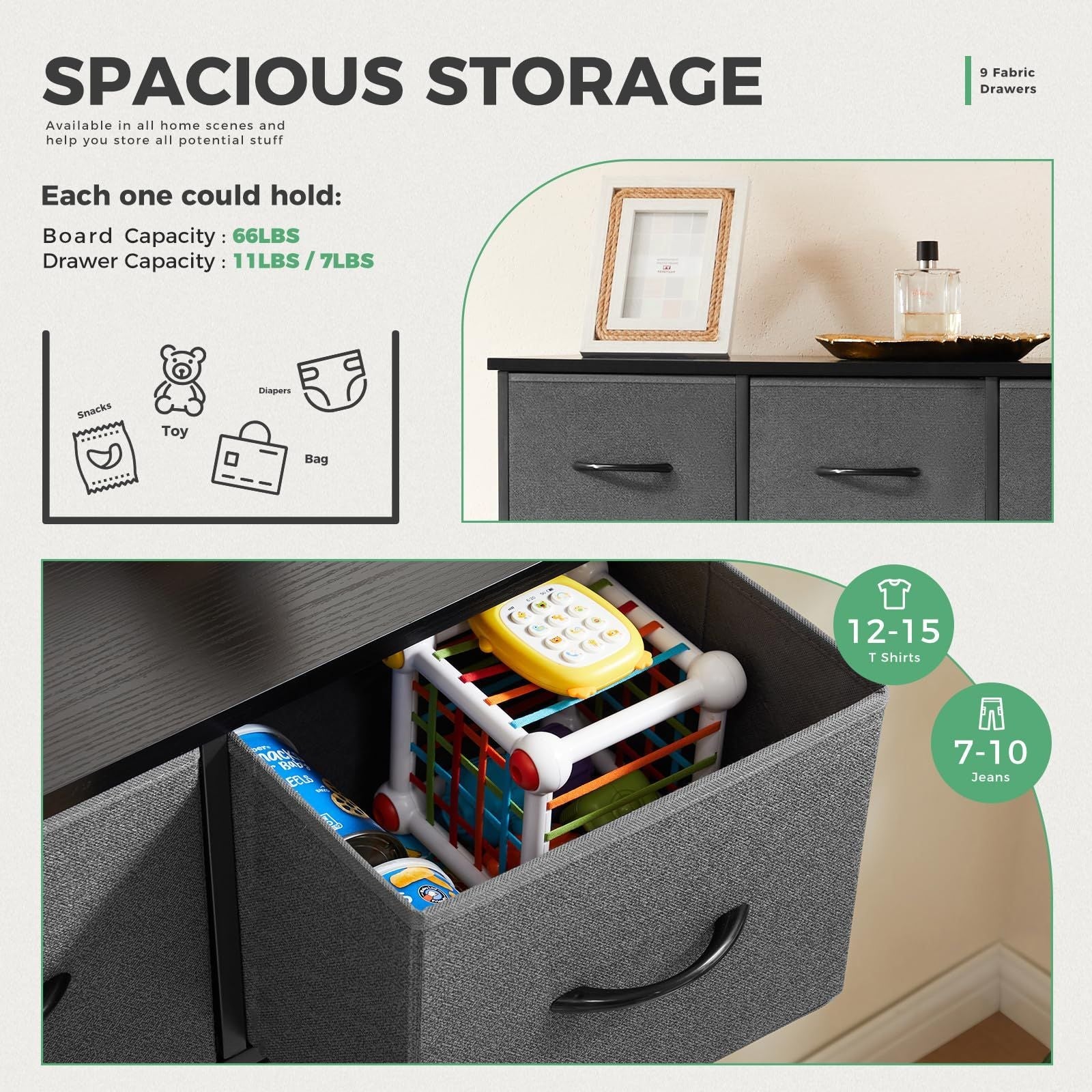 Dresser For Bedroom With 9 Fabric Storage Drawer Wardrobe Tall Chest Organizer Closet Adult Kids Clothes Cabinet Furniture