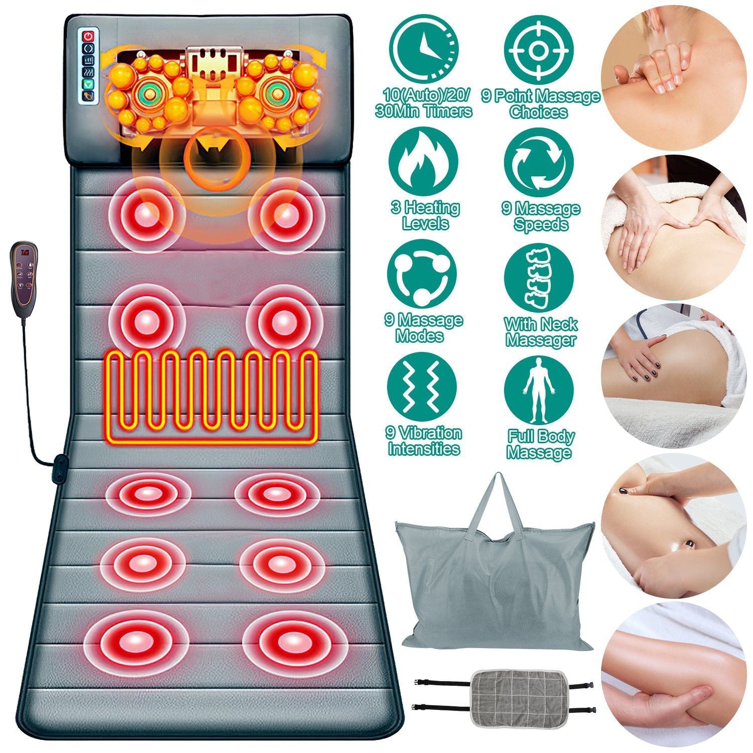 Full Body Electric Massage Mat with Heat Vibration Massage Pad Cushion Back Massage Mattress Chair Pad with Neck Massage Pillow with 10 Vibration Moto
