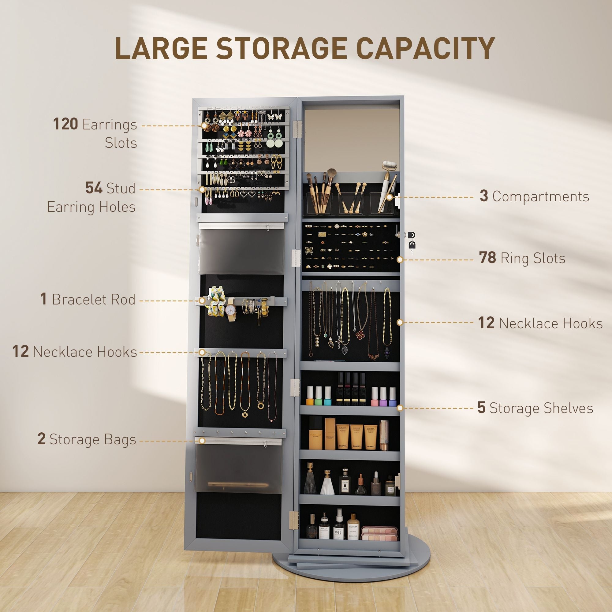 HOMCOM 360° Swivel Jewelry Armoire, Lockable Jewelry Cabinet with Full-Length Mirror, Storage Shelves, Gray