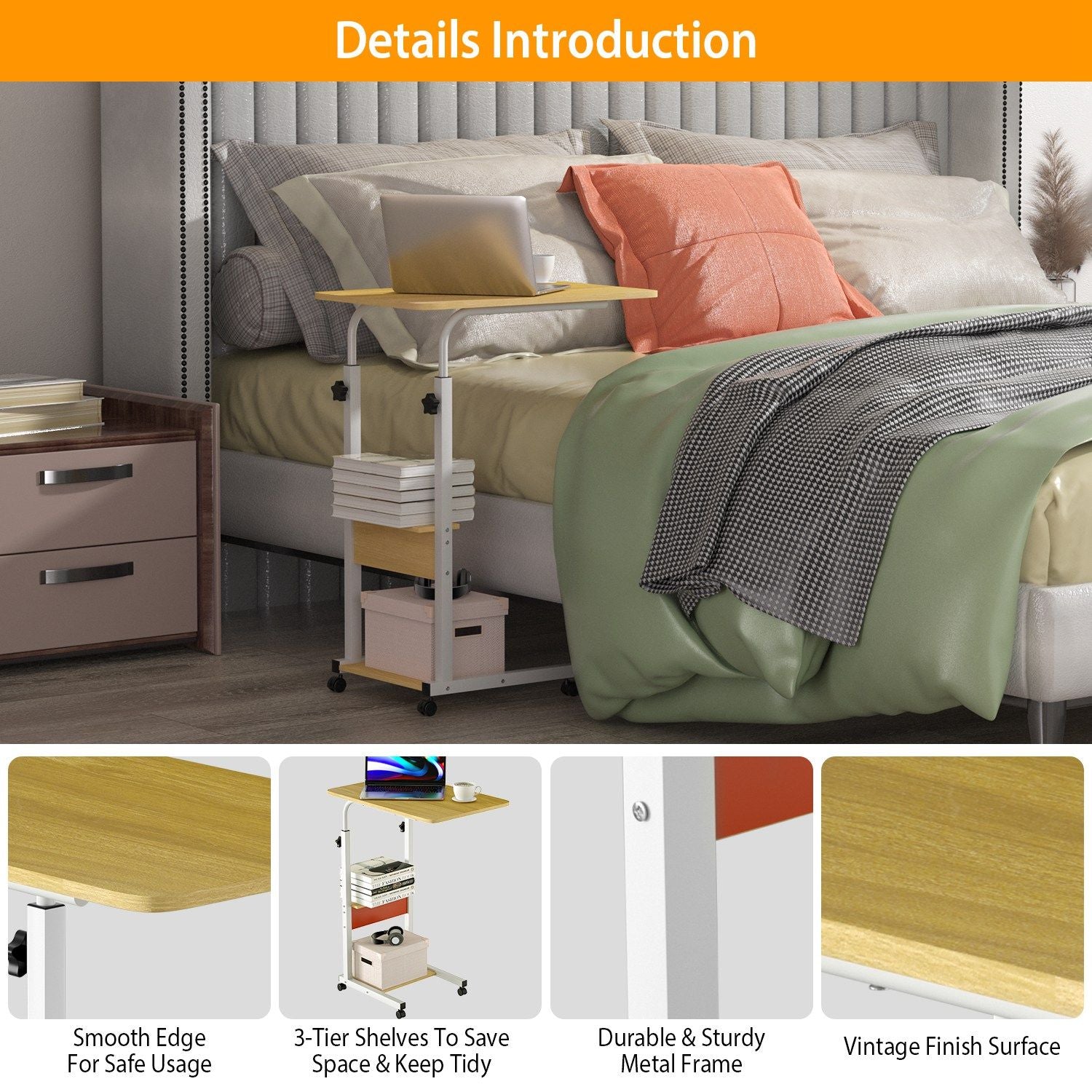 C Side Table 3-Tier Laptop Desk Small Slim Snack Side Table for Couch Bed Sofa for Small Spaces Living Room Bedroom