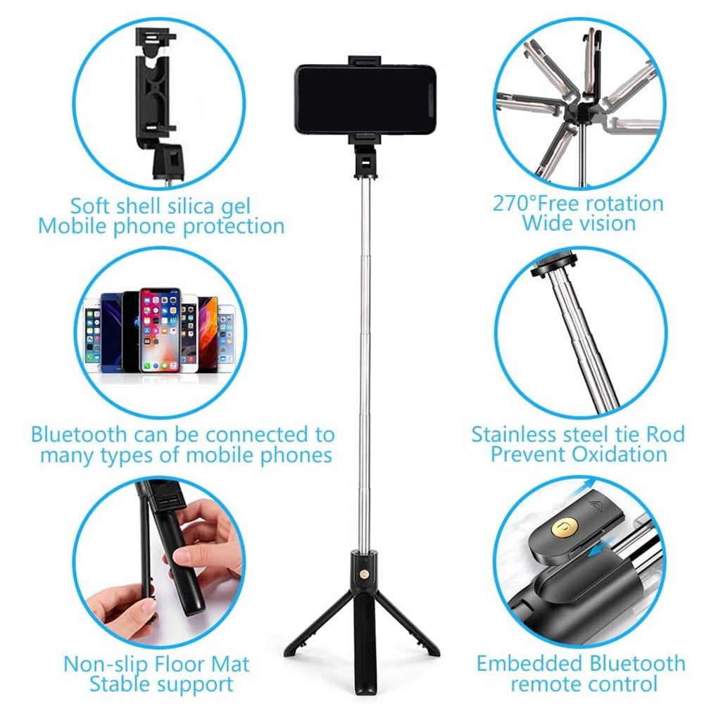 3 in 1 Extendable Selfie Stick Tripod with Detachable Bluetooth Wireless Remote Phone Holder Compatible with iPhone and Android Smartphone