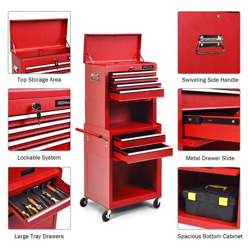 2-in-1 Rolling Tool Chest with 5 Sliding Lockable Drawers