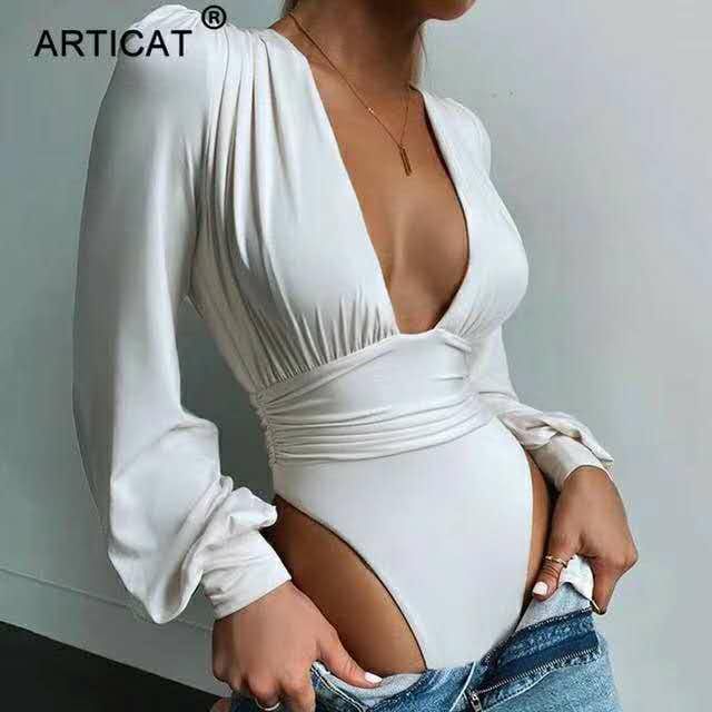 Chic Solid Plunging Neck Lantern Sleeve Bodysuit