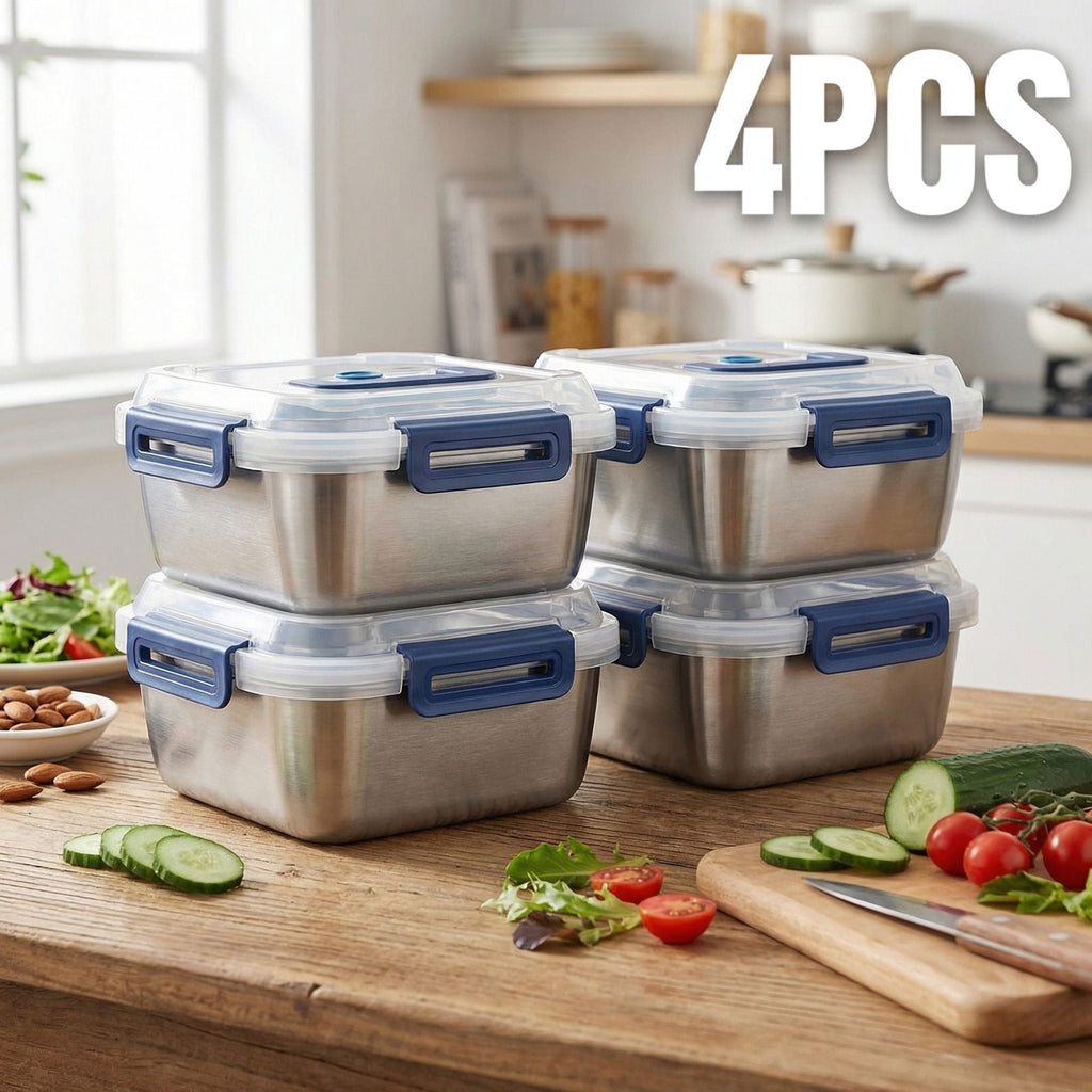 Yakimoto 2/4/6/8/10 PCS Extra-Large Stainless Steel Food Storage Containers With Blue Lids - Deep Design, Airtight Seal, Perfect For Refrigerator Organization, Meal Prep, Lunch Boxes & Kitchen Pantry