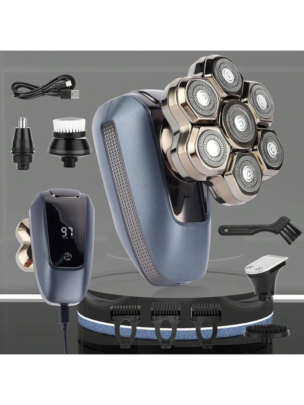 Head Shaver for Bald Men, 7D Electric Rotary Razor 5-in-1 Grooming Kit with Nose Hair Trimmer, Sideburn Clipper & Facial Brush, USB Rechargeable Wet & Dry IPX6 Waterproof Shaver with LED Display