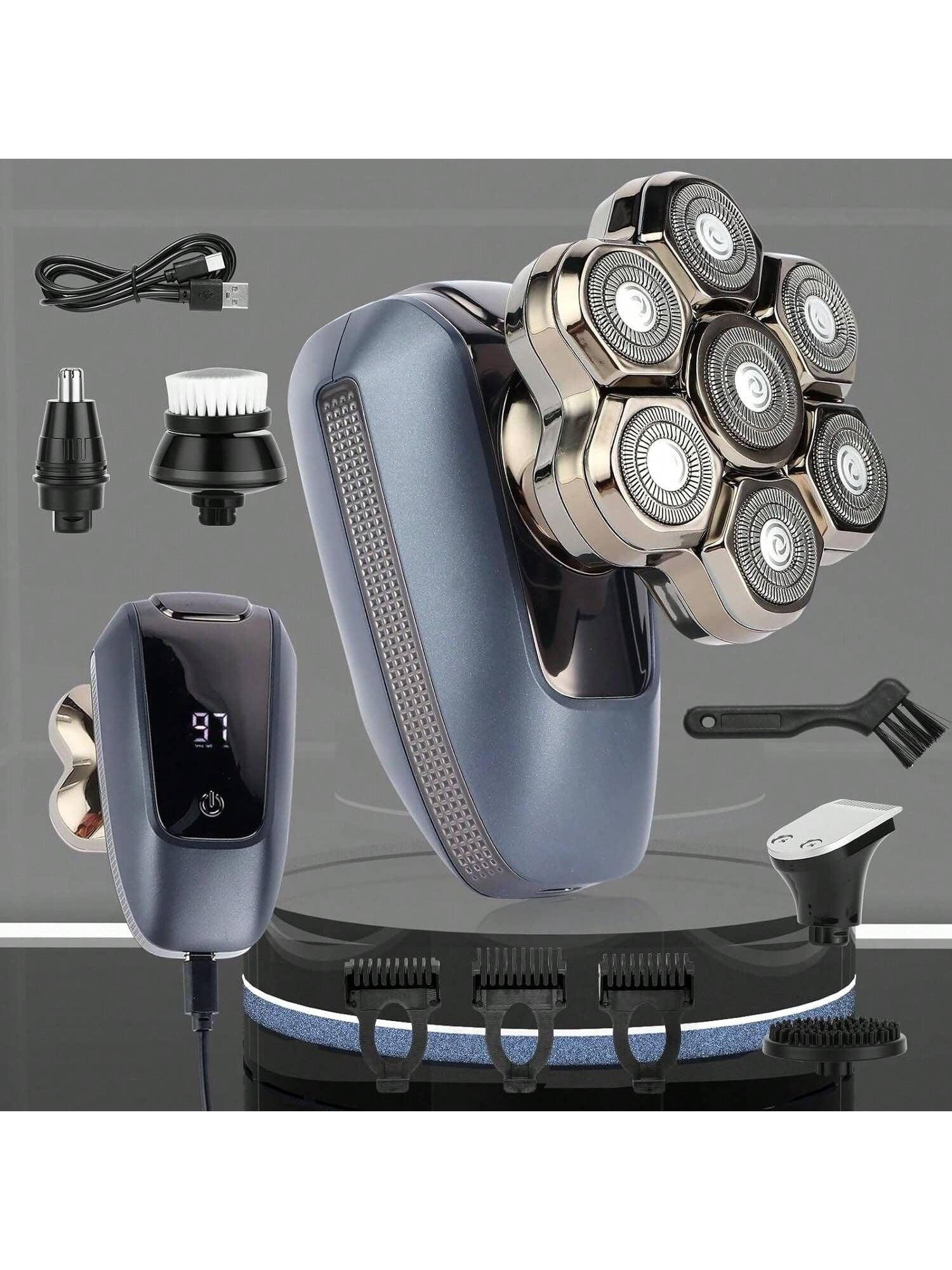 Head Shaver for Bald Men, 7D Electric Rotary Razor 5-in-1 Grooming Kit with Nose Hair Trimmer, Sideburn Clipper & Facial Brush, USB Rechargeable Wet & Dry IPX6 Waterproof Shaver with LED Display
