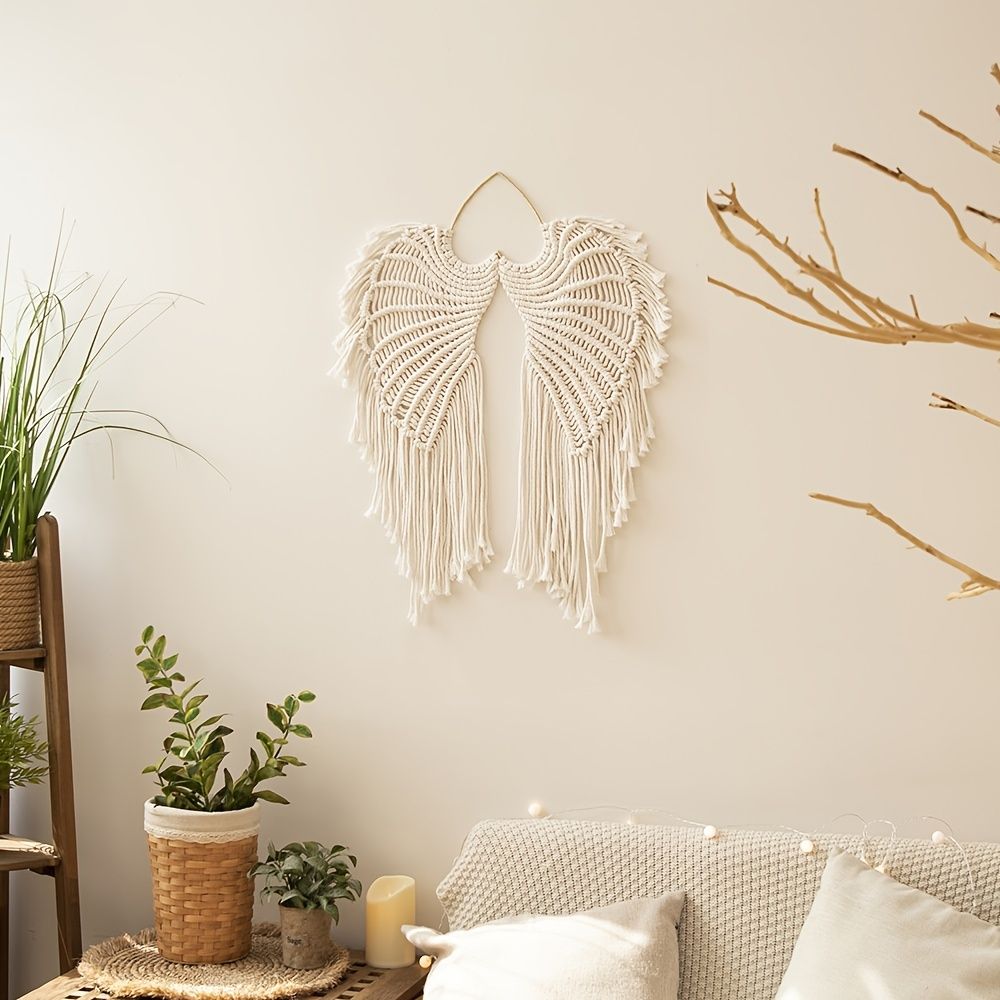 1pc Bohemian Angel Wings Tapestry Pendant with Long Tassels - Hand Woven Dream Catcher Wall Hanging for Weddings, Offices, and Bedrooms