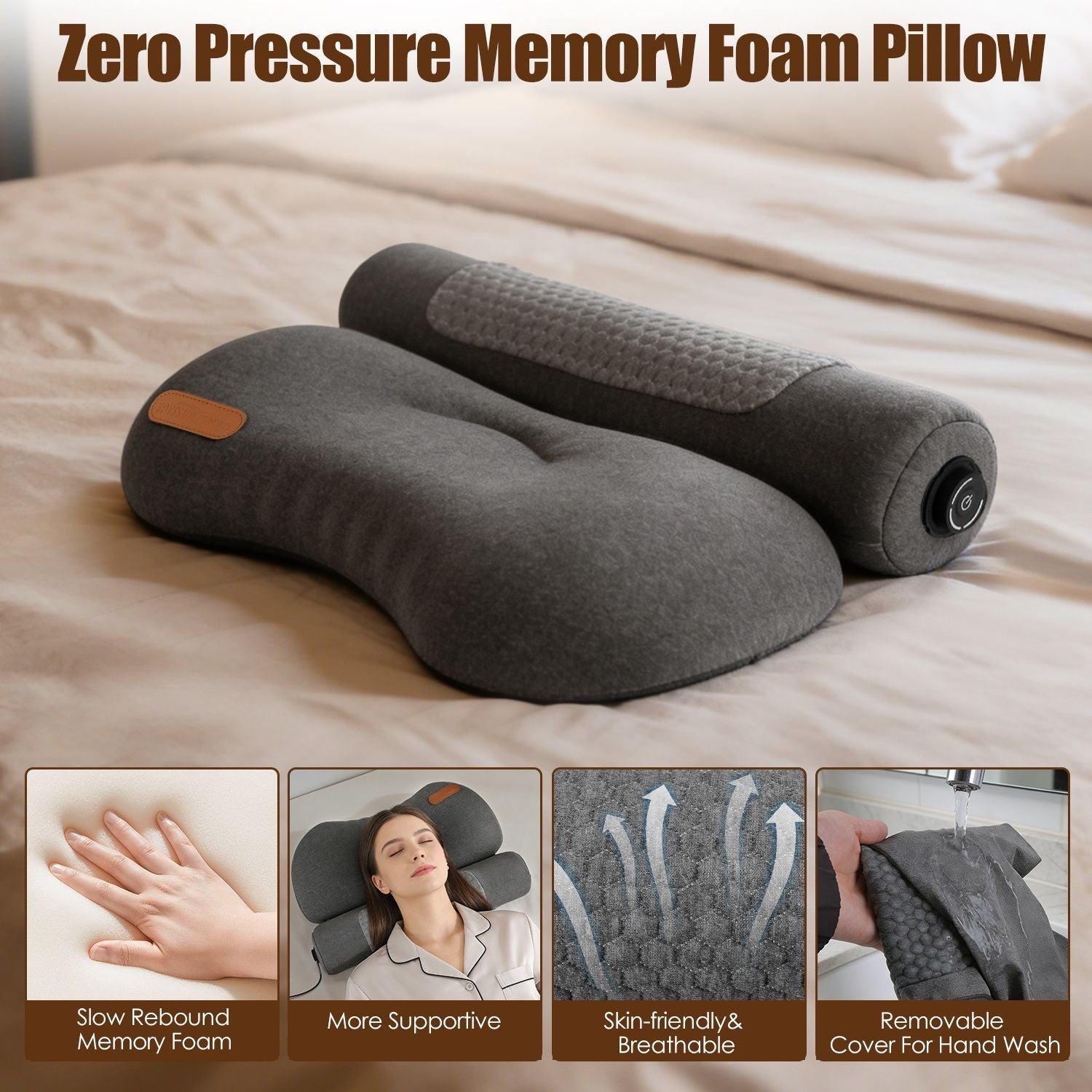 USB Heated Neck Pillow Zero Pressure Memory Foam Cervical Neck Pillow Heated Bed Pillow with Eye Mask Adapter for Pain Relief