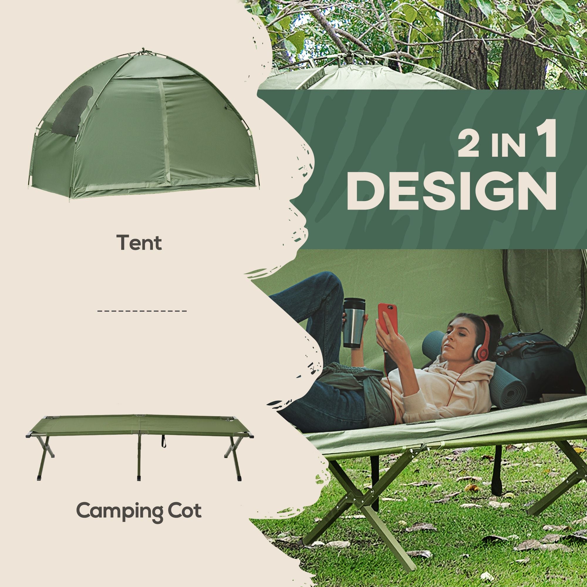 1 Person Folding Camping Cot, Portable Outdoor with Carry Bag, 2-in-1 Elevated Camping Bed Tent Single