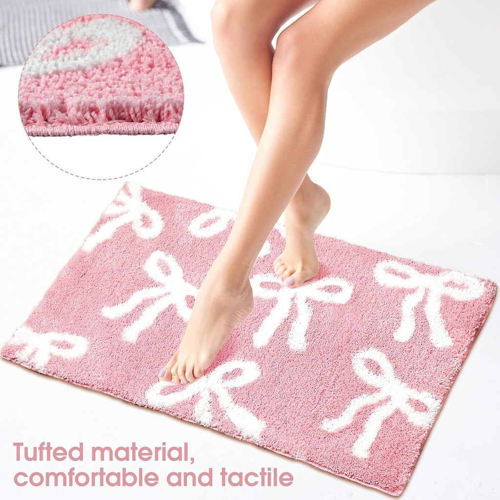 Bow Coquette Cute Bath Mat (20 X 32 Inch) – Non-Slip Absorbent Bathroom Rug For Vanity, Shower, Bedroom & Kitchen | Perfect Christmas Holiday Decor & Gift