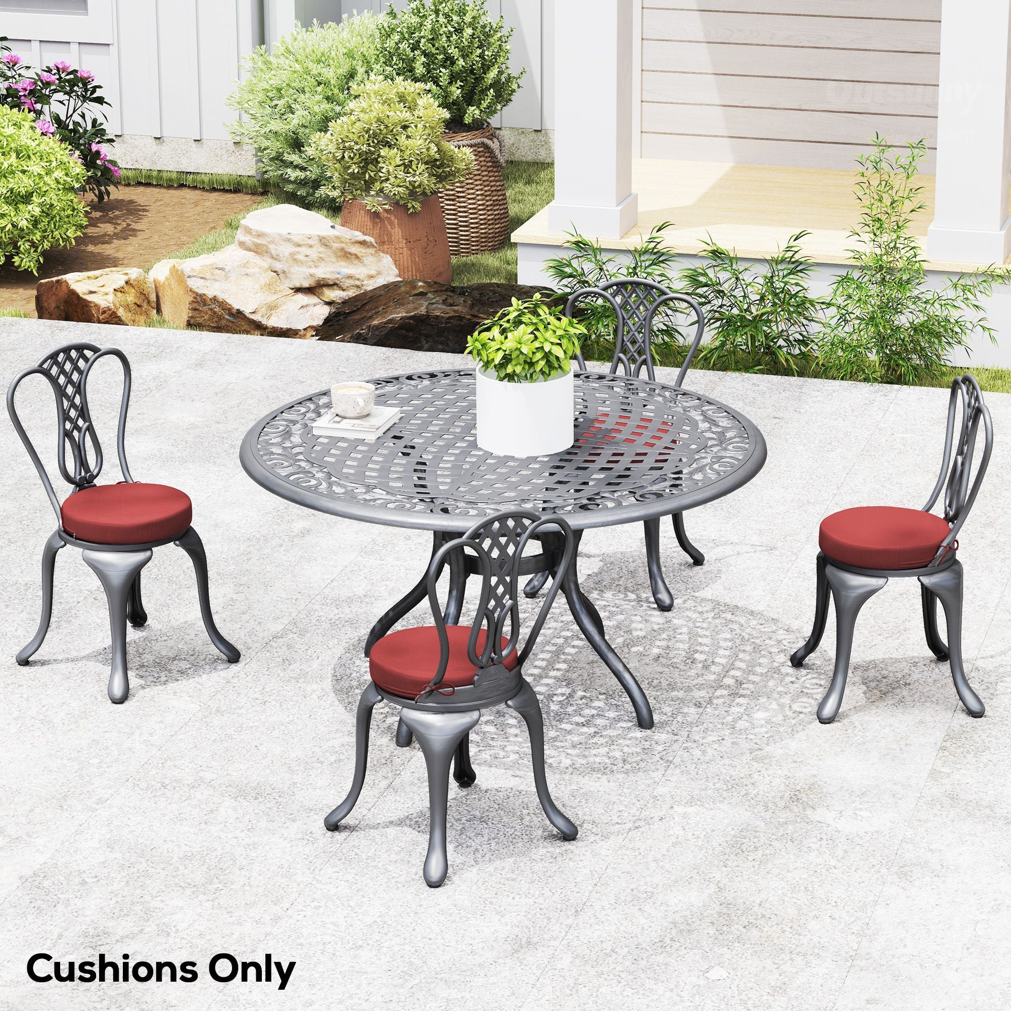 Patio Chair Cushions Set of 4 Round Seat Cushions for Dining Bistro Chairs Machine Washable, 15" x 15" x 3", Wine Red
