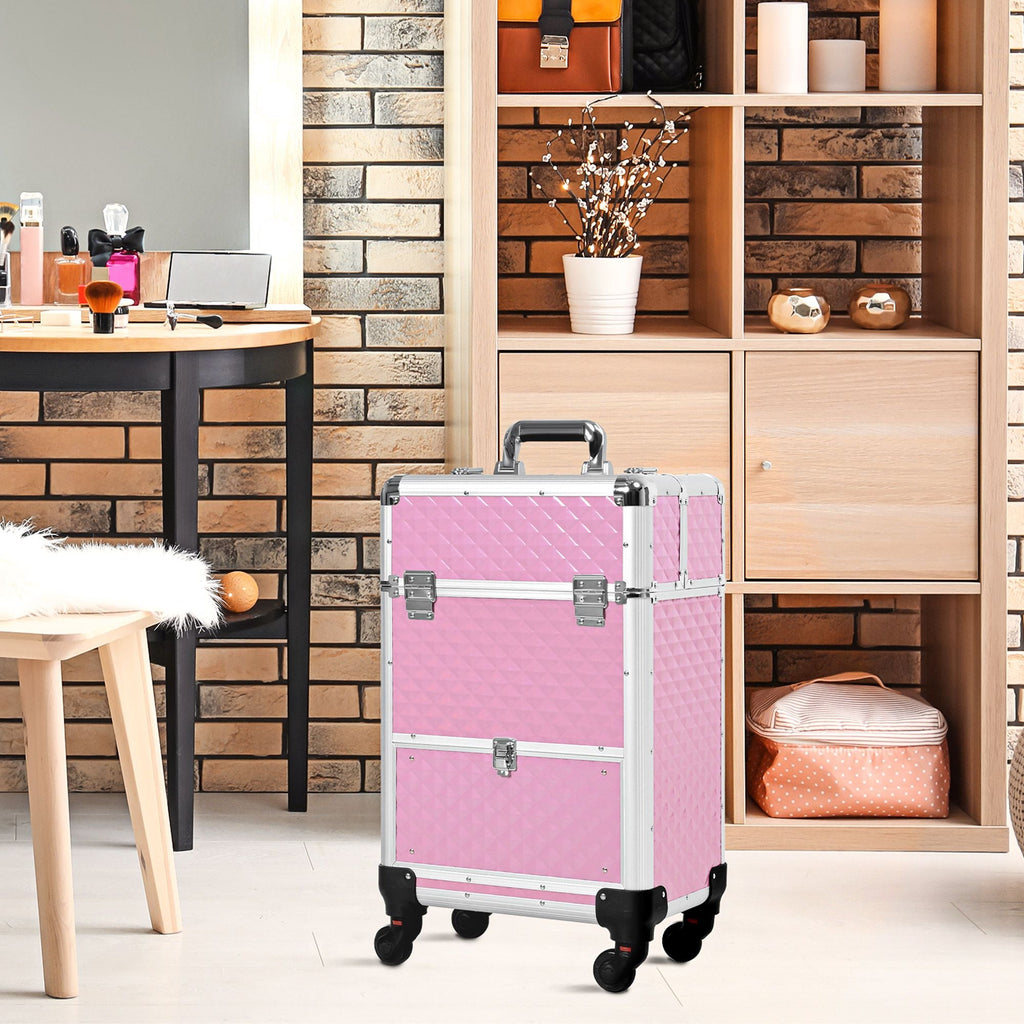 Makeup Train Case Portable Aluminum Rolling Cosmetic Organizer Trolley 4 Wheels Pink Salon Beauty Jewelry Storage