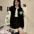 Preppy Heart Print Striped Trim Hem Patchwork Bomber Jacket, Casual Winter Oversized Coat, Women's Clothing