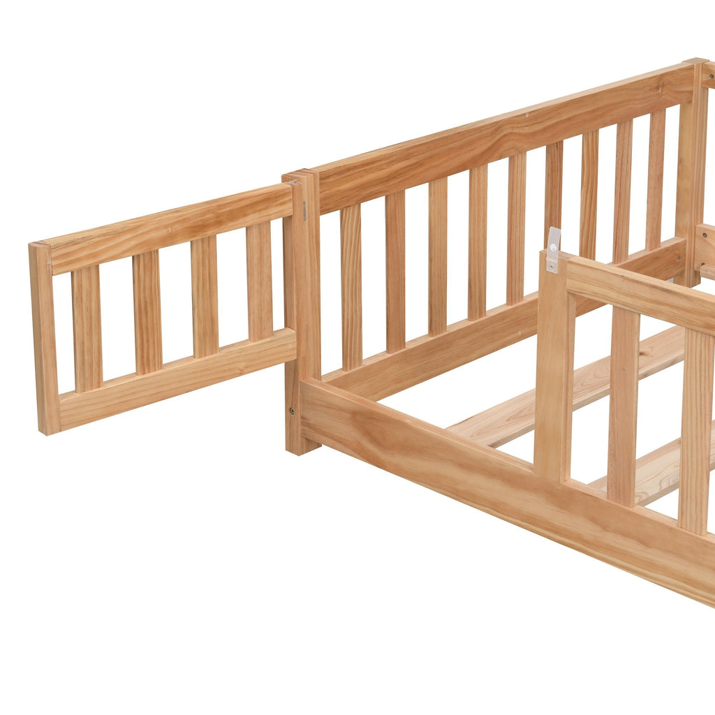 Full Size Floor Bed with Door, Solid Wood Platform Bed Frame with Fence, Suitable for children, Pine Wood